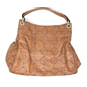 Henri Bendel Purse Brown Leather Signature Medium Shoulder Hobo Tote Designer